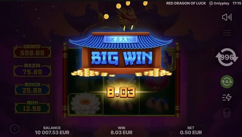 Red Dragon of Luck – huvudskärmen med ett 3x3 rutnät och en röd drake